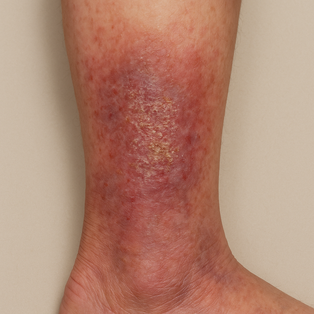 Image of leg with venous eczema and stasis dermatitis