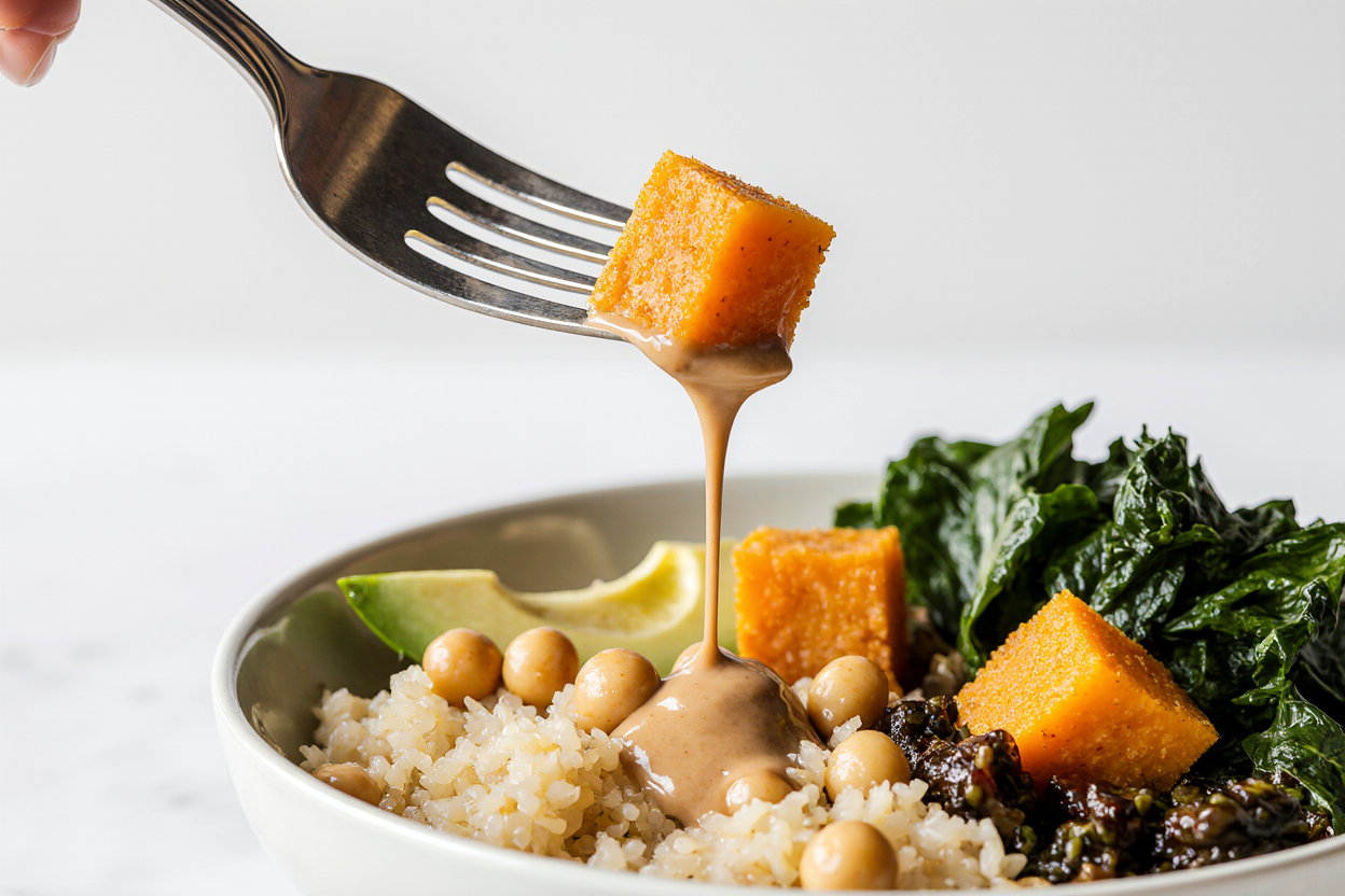 Anti-Inflammatory Glow Bowl Recipe (Turmeric Quinoa & Gut Glow) 6 Photorealistic extreme close-up of one anti-inflammatory glow bowl section. Fork piercing quinoa, lifting crispy chickpea and sweet potato with tahini drizzle stringing down, avocado slice, kale leaf. Dewy textures, rich colors, shallow depth of field, mouthwatering focus.