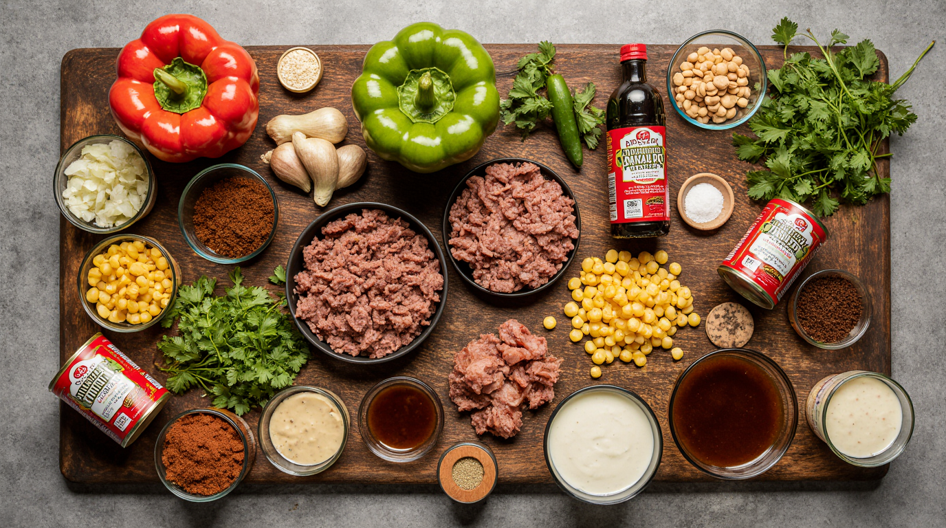 Ultimate Crockpot Chili Recipe (Award-Winning, Easy 5-Min Prep) 7 Photorealistic 16:4 wide landscape ingredients image overhead view of all crockpot chili ingredients artfully arranged across large rustic wooden board colorful diced bell peppers two red one green yellow onion chunks celery ribs seeded jalapeño minced garlic piles 6 slices thick-cut bacon pack 2 pounds ground beef tray 1 pound Italian sausage links three opened cans chili beans petite diced tomatoes tomato paste can tomato sauce bottle beef broth jars chili powder cumin smoked paprika oregano onion powder garlic powder Worcestershire bottle brown sugar beef bouillon packets olive oil bottle arranged in neat labeled groups vibrant fresh produce glossy canned goods spice bowls glass containers soft natural kitchen lighting high detail textures appetizing ingredient flatlay ultra wide Pinterest banner style recipe prep inspiration.