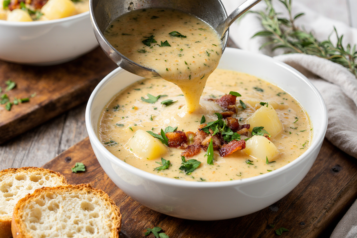 Best Cheddar Garlic Herb Potato Soup Recipe (Creamy, Easy & Comforting 2026) 7 Appetizing final plating shot: ladle pouring finished steaming Cheddar Garlic Herb Potato Soup into two white bowls, garnishing with extra fresh parsley, chives, bacon bits, and thyme sprig. Rustic bread slice nearby, soft focus table setting, golden hour lighting for warmth, inviting blog-ready image, 16:9 aspect ratio.