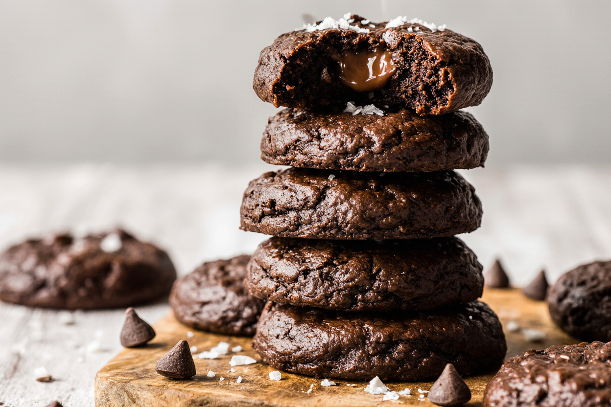 Photorealistic close-up of a tall stack of 5 fudgy chewy brookies on a rustic wooden board against a light blurred kitchen background, glossy crackly chocolate tops with gooey centers peeking out, scattered semi-sweet chocolate chips and flaky sea salt, warm golden hour lighting from the left highlighting textures, steam rising subtly for freshness, professional food blog hero shot style, 3:2 aspect ratio, highly detailed, 4K
