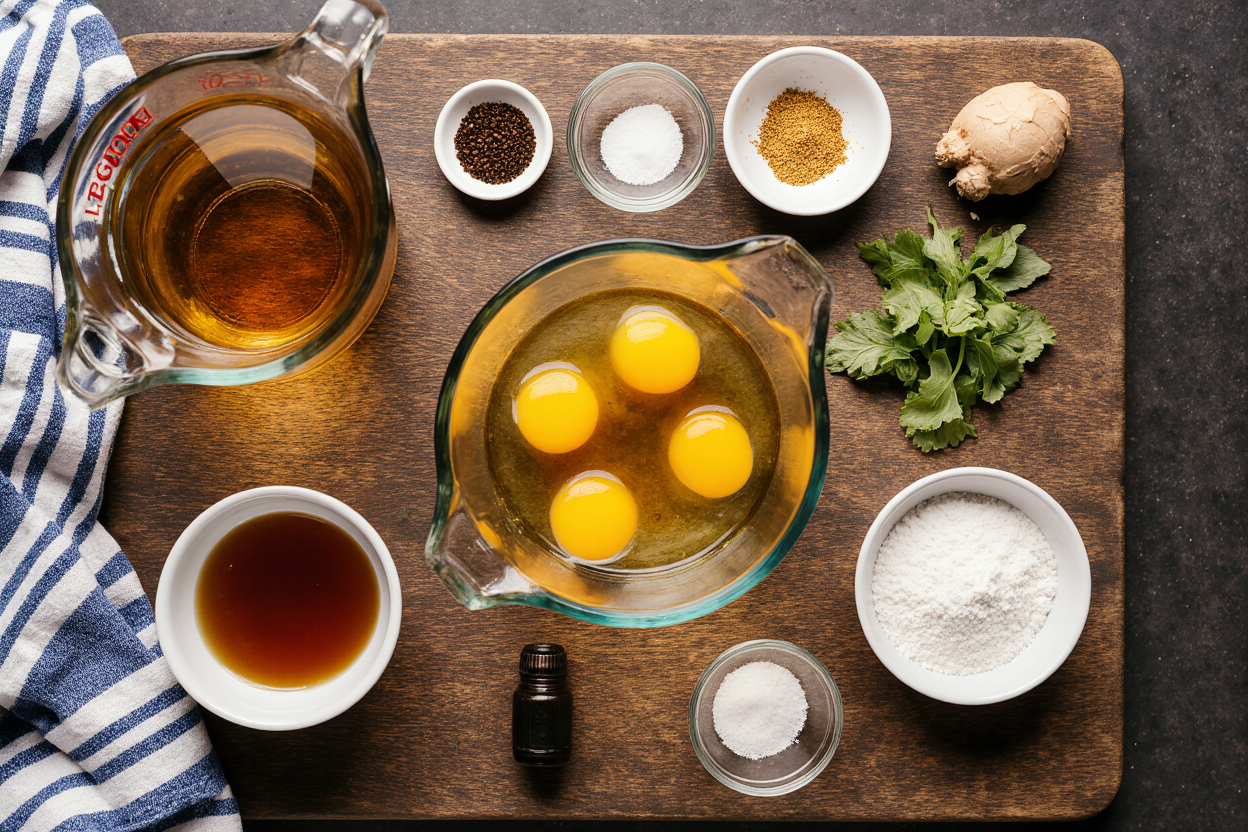 Photorealistic overhead close-up of egg drop soup ingredients arranged neatly on a rustic wooden board: 4 cups clear chicken broth in a glass measuring cup, 3 beaten eggs in a white bowl, cornstarch slurry in a small glass, sesame oil bottle, soy sauce, white pepper shaker, salt cellar, sliced green onions, fresh grated ginger knob, pinch of golden turmeric powder. Soft natural kitchen window light, subtle steam from broth, vibrant colors, appetizing textures, 3:2 aspect ratio, sharp focus, mouthwatering food styling.
