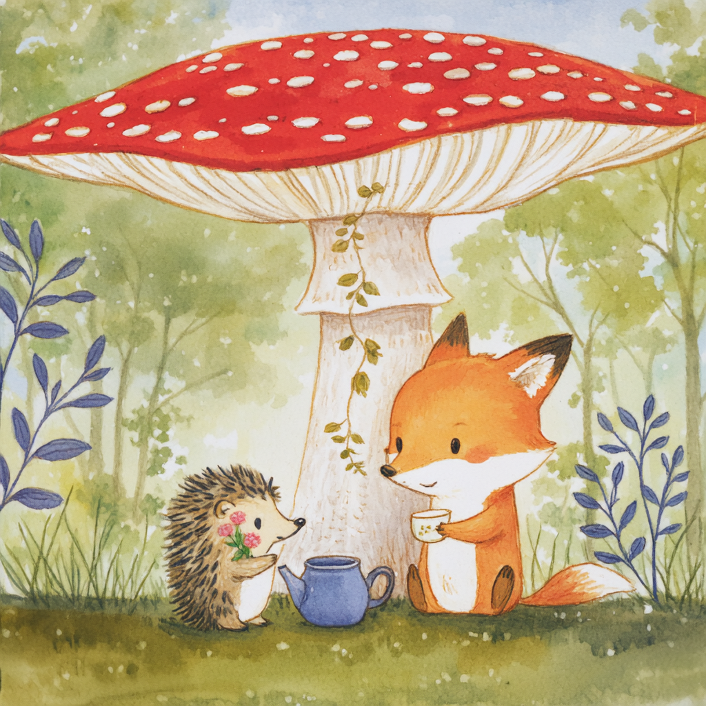 Children’s book illustration of a fox and a hedgehog sharing tea under a mushroom, soft watercolor style, pastel palette, gentle vignette, storybook charm, centered composition.