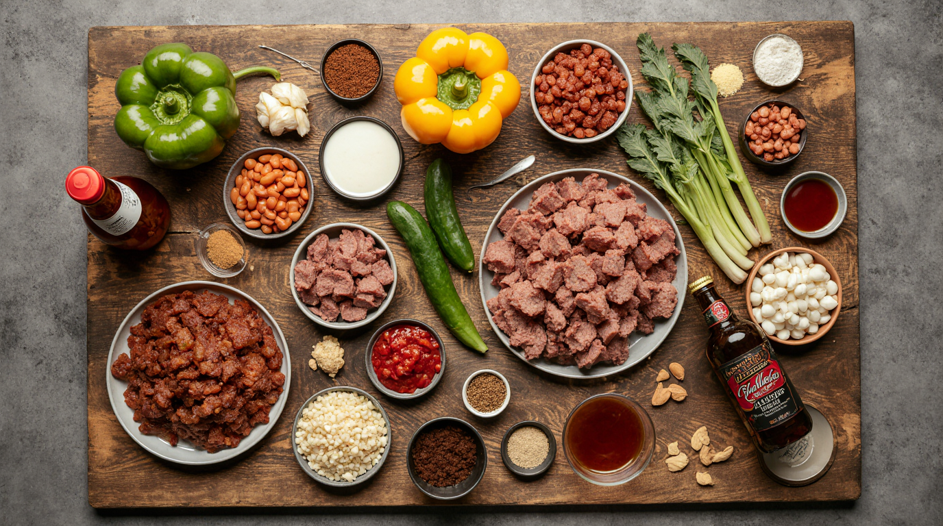 Photorealistic 16:4 wide landscape ingredients image overhead view of all crockpot chili ingredients artfully arranged across large rustic wooden board colorful diced bell peppers two red one green yellow onion chunks celery ribs seeded jalapeño minced garlic piles 6 slices thick-cut bacon pack 2 pounds ground beef tray 1 pound Italian sausage links three opened cans chili beans petite diced tomatoes tomato paste can tomato sauce bottle beef broth jars chili powder cumin smoked paprika oregano onion powder garlic powder Worcestershire bottle brown sugar beef bouillon packets olive oil bottle arranged in neat labeled groups vibrant fresh produce glossy canned goods spice bowls glass containers soft natural kitchen lighting high detail textures appetizing ingredient flatlay ultra wide Pinterest banner style recipe prep inspiration.