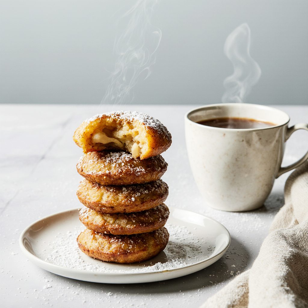 Apple Fritter Bites Recipe (Baked or Fried) - Easy 30-Min Glazed Treats 7 Stack of cooled glazed apple fritter bites on white plate, bite taken out revealing soft apple interior, powdered sugar dusting, coffee cup and napkin beside, cozy brunch table setting, soft morning light, appetizing 4K, 4:3.
