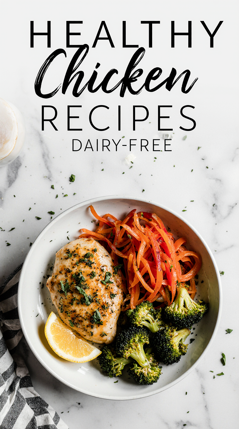 “Create a bright, appetizing Pinterest-style food image featuring a healthy dairy-free chicken dish such as lemon garlic chicken, coconut curry chicken, or a colorful chicken-and-vegetable bowl. Use vibrant vegetables like broccoli, peppers, carrots, or fresh herbs to create a wholesome, clean-eating look. Show juicy, perfectly cooked chicken pieces with a light glaze or seasoning—no cream, cheese, or dairy elements. Use natural daylight, soft shadows, and a clean modern background (white, marble, or light wood). Capture the dish from a top-down or 45-degree angle for maximum Pinterest appeal. Add minimal, elegant text overlay reading ‘Healthy Dairy-Free Chicken Recipes’ in bold, easy-to-read typography. Overall mood: fresh, healthy, bright, and highly clickable