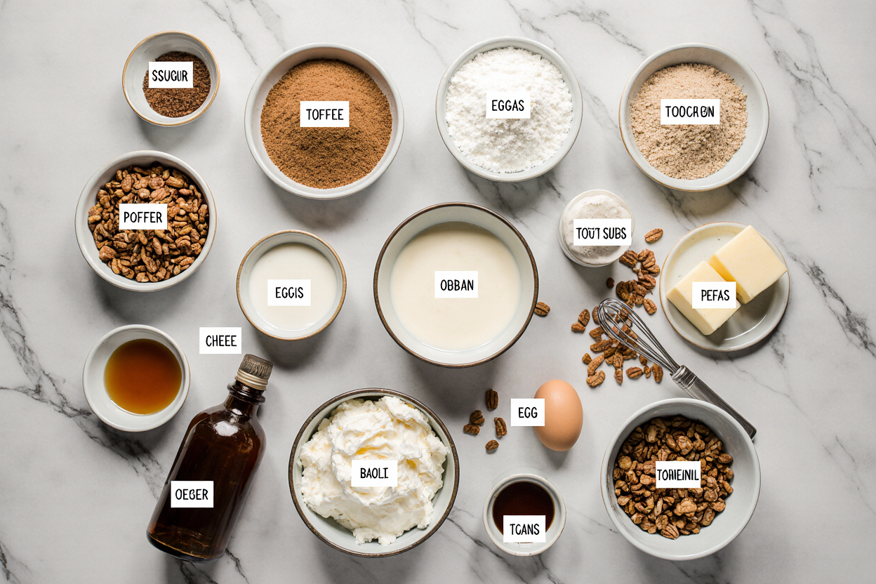 Toffee Crunch Cake (Best Toffee Sauce Layer Cake) 7 Photorealistic flat lay of Toffee Crunch Cake ingredients arranged beautifully on a marble countertop: bowls of brown sugar, softened butter, eggs, sour cream, cake flour, toffee bits, pecans, cream cheese, and a jar of salted caramel sauce. Include mixing bowls, whisk, and vanilla extract bottle for context. Soft natural light from above, subtle shadows, clean composition with labels on key items like "brown sugar" and "toffee bits," aspect ratio 3:2, professional recipe blog style, fresh and organized.