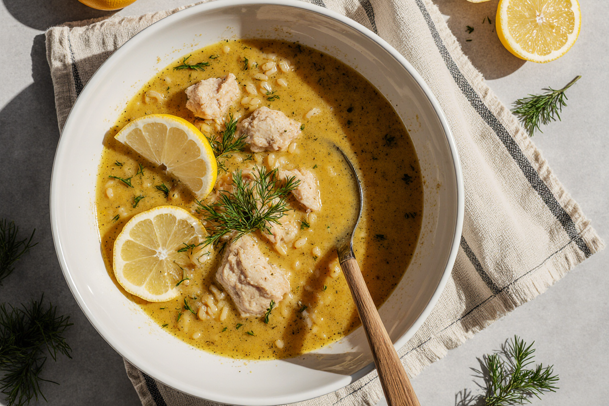 Avgolemono Soup Recipe: Authentic Greek Lemon Chicken Soup (30 Minutes) 9 Photorealistic wide-angle shot of a steaming white bowl filled with golden Avgolemono Greek lemon chicken soup on a rustic linen napkin, surrounded by lemon halves fresh dill sprigs lemon wedges wooden spoon, soft morning sunlight casting warm shadows, professional food blog hero image style, highly detailed broth with orzo and shredded chicken visible, 16:9 aspect ratio, 4K ultra HD