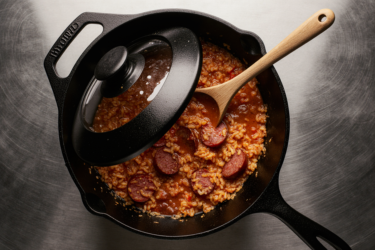 Cajun Sausage and Rice Skillet (One-Pan 30-Min Dinner) 6 Top-down view of covered skillet simmering on low heat, lid slightly ajar showing bubbling tomato rice mixture with sausage peeking through, condensation on lid, wooden spoon handle resting nearby. Cozy stove top setting, soft focus background, patience-in-cooking feel. 16:9 landscape.