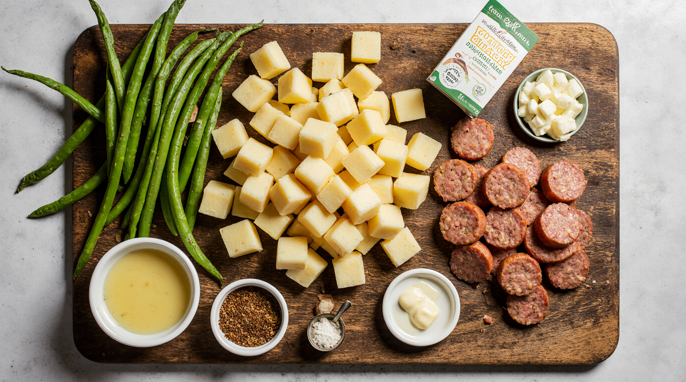 Photorealistic flat lay of swamp potatoes and sausage recipe ingredients arranged neatly on a wooden cutting board: pile of diced Yukon gold potatoes, sliced smoked sausage links, trimmed green beans bundle, diced yellow onion, pats of melting butter, small bowls of Cajun seasoning and onion soup mix packets, garlic powder shaker, fresh and vibrant, soft natural light, mouthwatering prep scene, 3:2 aspect ratio.