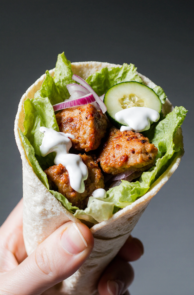 Sweet Chili Chicken Wraps | Amateur zoomed-in close-up from Reddit, taken on an iPhone 17 Pro during the day from a side angle. Shot by amateur, these homemade sweet chili chicken wraps are mouthwatering and delicious, filled with tender marinated chicken strips, fresh lettuce, crunchy cucumbers, and vibrant red onions, all wrapped in a soft flour tortilla and drizzled with creamy yogurt. --iw 3