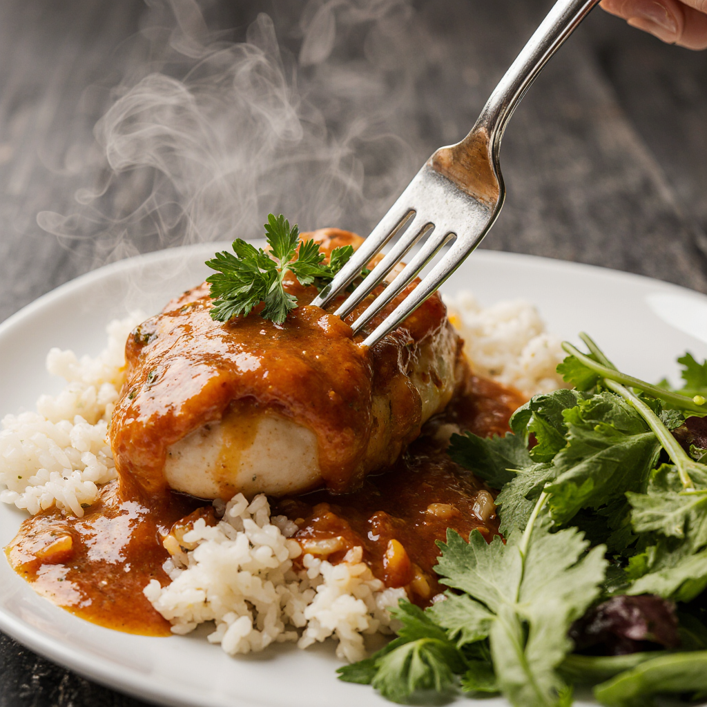 Creamy Smothered Chicken and Rice (One-Pan Recipe) - Easy 50-Min Family Dinner 6 Plated serving of smothered chicken over rice with extra sauce ladled on top, fresh parsley garnish, fork piercing juicy chicken, side salad blurred background, appetizing steam, photorealistic dining shot,