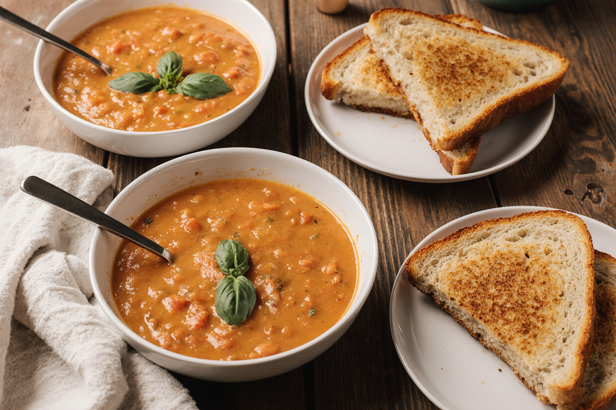 Photorealistic cozy table scene of creamy tomato soup in two white bowls next to golden grilled cheese sandwiches cut diagonally, one sandwich half dipping into soup, fresh basil garnish, wooden table with napkin, warm golden hour lighting, inviting comfort food composition, sharp focus, appetizing steam.
