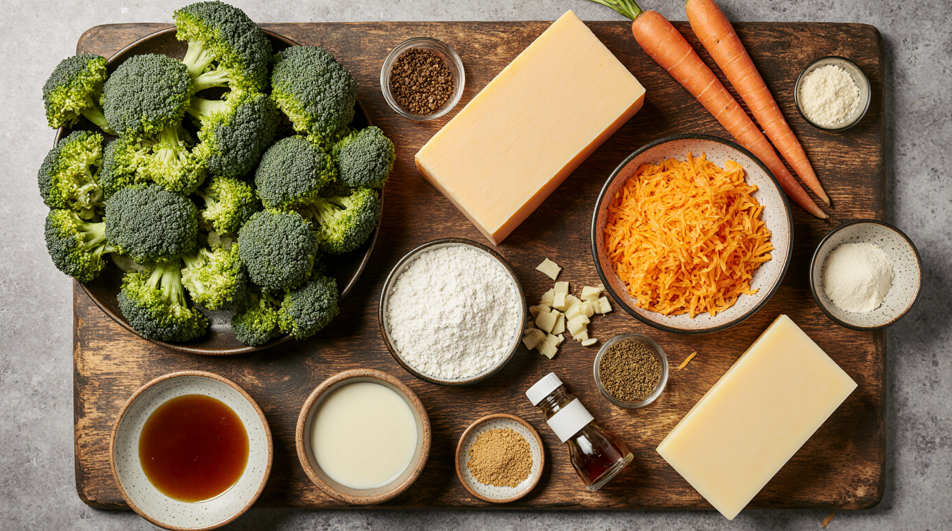 Creamy Broccoli Cheddar Soup (Best Homemade Panera Copycat Recipe) 6 Photorealistic 3:2 overhead flatlay of broccoli cheddar soup ingredients arranged neatly on rustic wooden board: pile of fresh green broccoli florets, shredded orange carrots, block of sharp orange cheddar cheese being grated, sticks of unsalted butter, small bowls of flour, diced yellow onion, minced garlic, carton of heavy cream, vegetable broth box, nutmeg shaker, dijon jar, all in bright even lighting with subtle shadows, vibrant colors, professional recipe photo style.