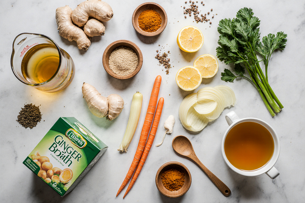 Healing Ginger Garlic Broth Recipe (Immune Boosting Soup in 20 Minutes) 7 Photorealistic flat lay composition of fresh ingredients for healing ginger garlic broth arranged artfully on a white marble surface: whole fresh ginger roots, peeled garlic cloves, yellow onion halves, sliced carrots and celery, lemon wedges, bay leaves, turmeric powder in small bowl, olive oil bottle, vegetable broth carton. Subtle steam hints at freshness, soft shadows, top-down view with wooden spoon and measuring cups. Bright natural daylight, appetizing colors pop, professional recipe photo style, 3:2 aspect ratio.