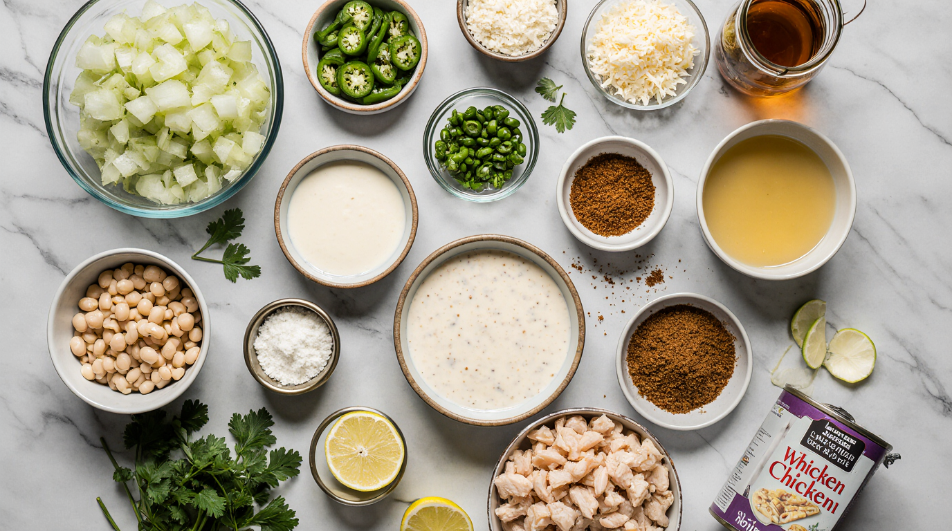 Vibrant flat-lay overhead composition of ingredients for creamy jalapeño white chicken chili arranged neatly on a light marble surface: bowls of diced onion, fresh green jalapeños, minced garlic, shredded rotisserie chicken, cans of white beans, chicken broth carton, cubes of cream cheese, shredded cheddar, spices like cumin and chili powder in small dishes, olive oil bottle. Fresh cilantro sprigs and lime halves for color. Bright natural daylight lighting, clean minimalist food styling, sharp focus on textures, Pinterest-optimized, aspect ratio 3:2.