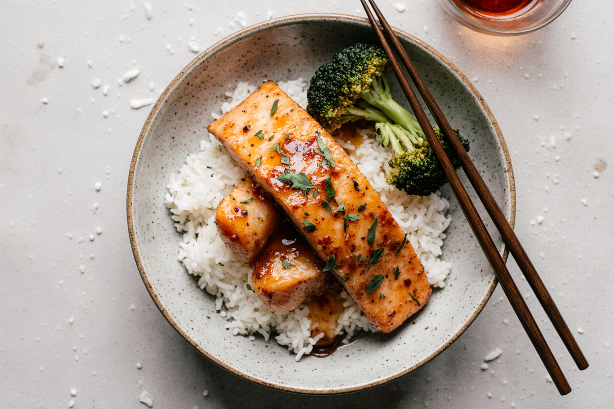 Beautiful plated serving of crispy honey garlic salmon bites over steamed white rice in shallow bowl, extra glaze drizzled, broccoli side, chopsticks picking one bite, steam effect, restaurant plating matching series warm tones, 1:1 square, photorealistic food porn, 4K.