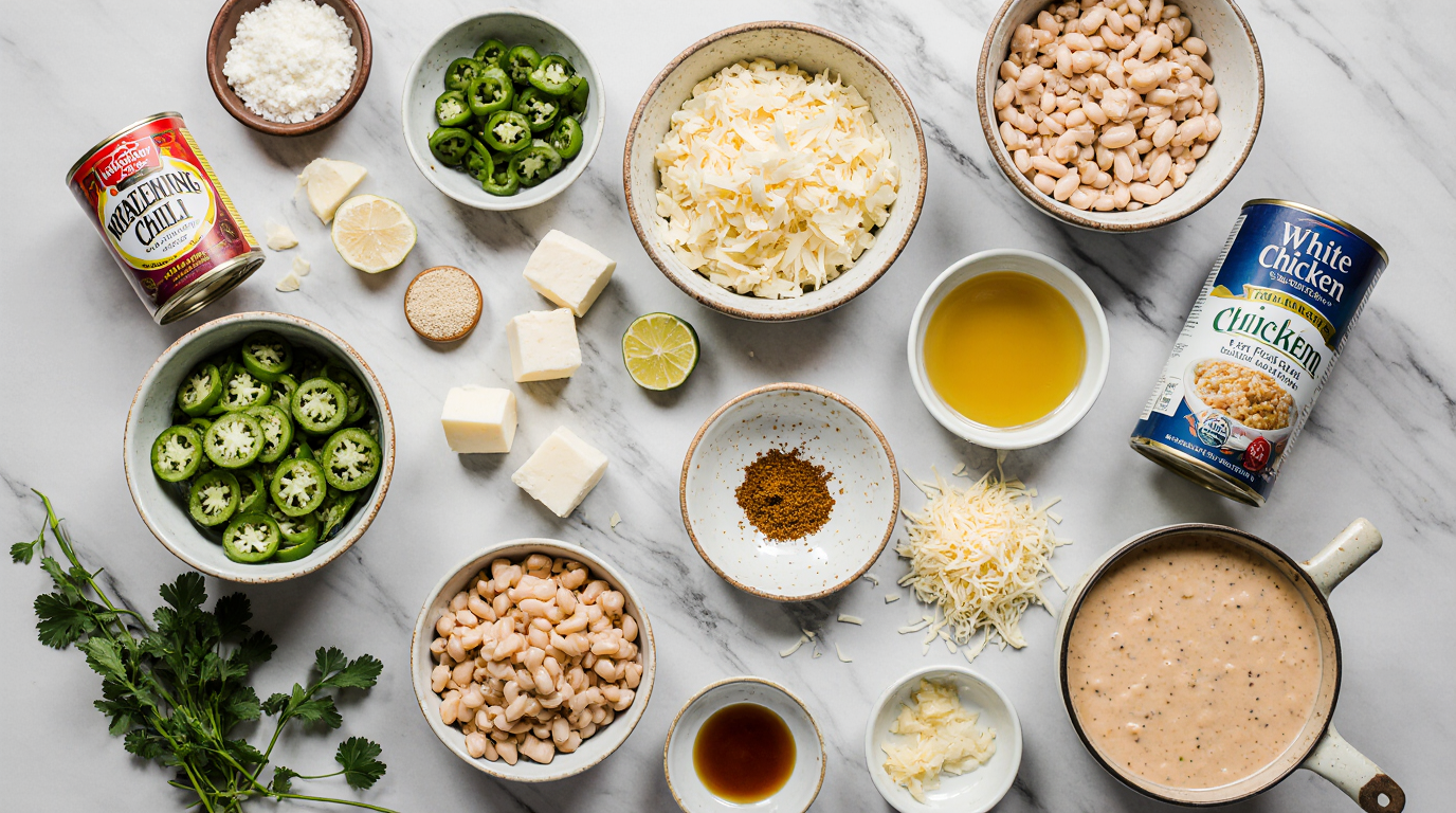 Creamy Jalapeño White Chicken Chili Recipe (Easy One-Pot Comfort) 6 Vibrant flat-lay overhead composition of ingredients for creamy jalapeño white chicken chili arranged neatly on a light marble surface: bowls of diced onion, fresh green jalapeños, minced garlic, shredded rotisserie chicken, cans of white beans, chicken broth carton, cubes of cream cheese, shredded cheddar, spices like cumin and chili powder in small dishes, olive oil bottle. Fresh cilantro sprigs and lime halves for color. Bright natural daylight lighting, clean minimalist food styling, sharp focus on textures, Pinterest-optimized, aspect ratio 3:2.