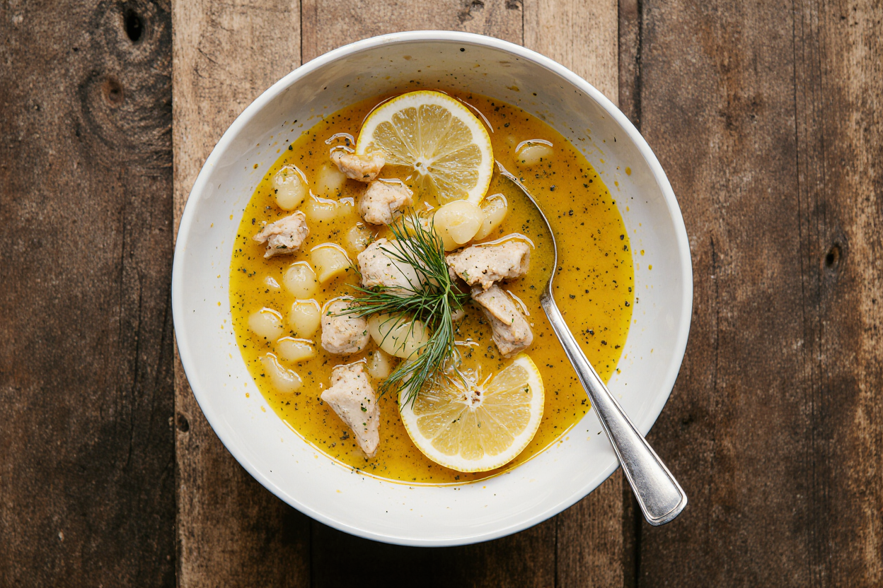 Avgolemono Soup Recipe: Authentic Greek Lemon Chicken Soup (30 Minutes) 8 Photorealistic overhead shot of a steaming bowl of authentic Greek Avgolemono lemon chicken soup in a white ceramic bowl on a rustic wooden table, vibrant yellow silky broth with shredded chicken, orzo pasta, lemon slices and fresh dill garnish, soft natural daylight from window, high detail, appetizing food photography style, 16:9 aspect ratio, 4K resolution.