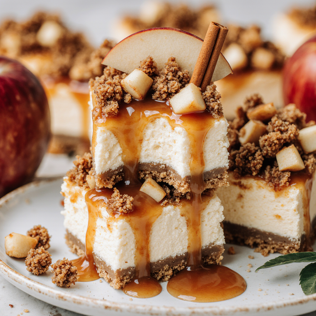 Caramel Apple Cheesecake Bars - Easy Fall Dessert with Streusel & Caramel Drizzle 5 Single caramel apple cheesecake bar on a white dessert plate garnished with apple slice and cinnamon stick, fork cutting in revealing layers, soft bokeh background with more bars, elegant food styling, photorealistic, 1:1