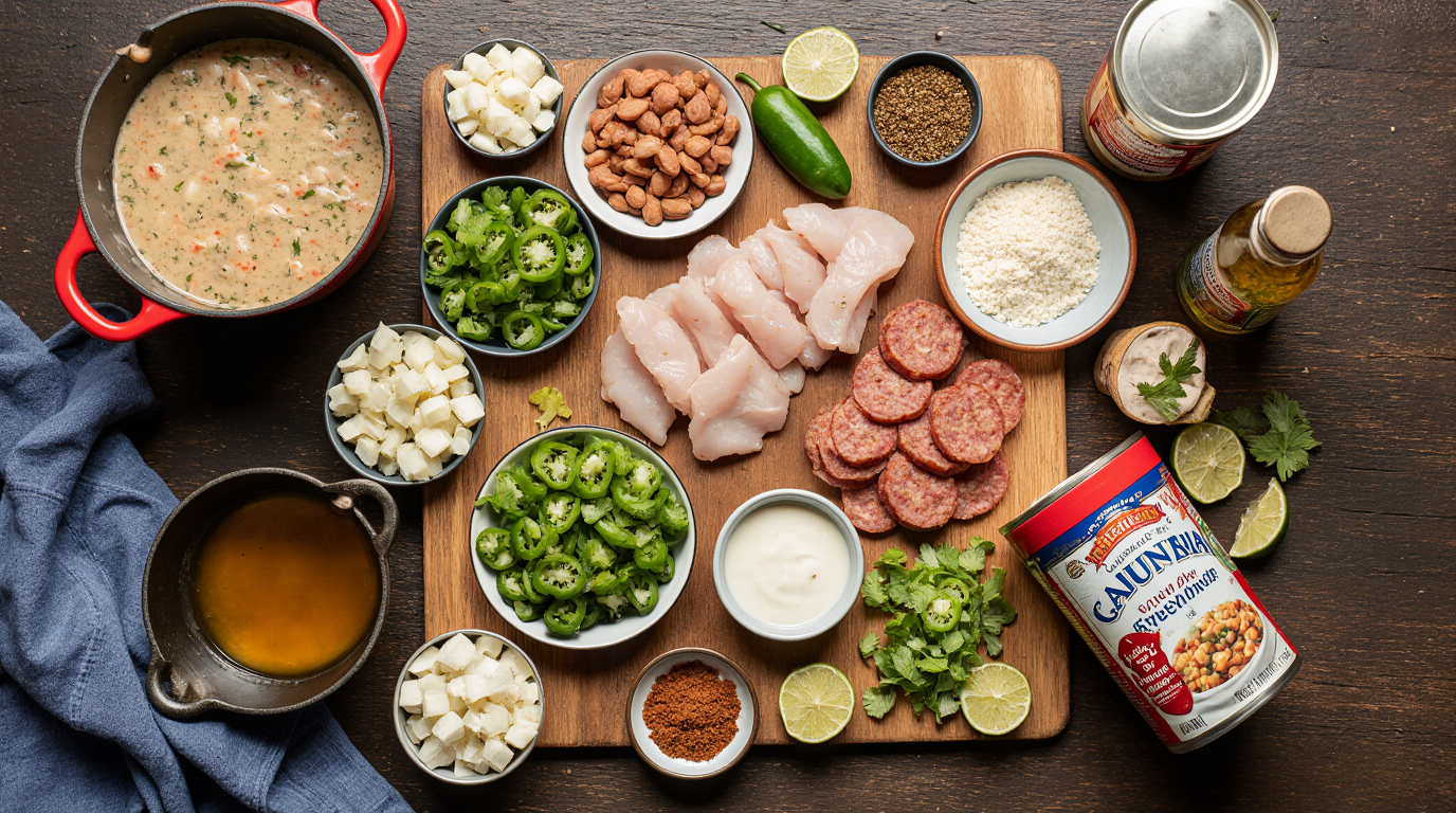 Cajun White Chicken Chili (Creamy 30-Minute Recipe) 6 Photorealistic top-down flat lay of all ingredients for Cajun white chicken chili arranged neatly on a wooden cutting board: bite-sized chicken pieces, sliced andouille sausage rounds, diced onion celery green bell pepper jalapeño (holy trinity), minced garlic in bowl, cans of white beans and green chiles, chicken broth carton, cubed cream cheese, lime halves, jars of Cajun seasoning cumin chili powder smoked paprika. Olive oil bottle and pot nearby. Bright overhead lighting, fresh vibrant colors, labeled subtly if possible, appetizing food styling, 3:2 aspect ratio, high resolution.