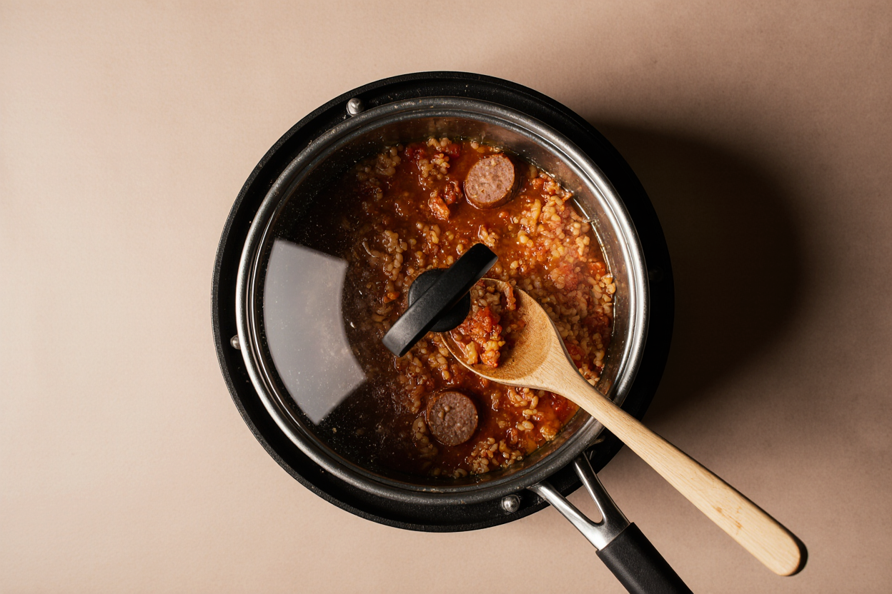 Top-down view of covered skillet simmering on low heat, lid slightly ajar showing bubbling tomato rice mixture with sausage peeking through, condensation on lid, wooden spoon handle resting nearby. Cozy stove top setting, soft focus background, patience-in-cooking feel. 16:9 landscape.