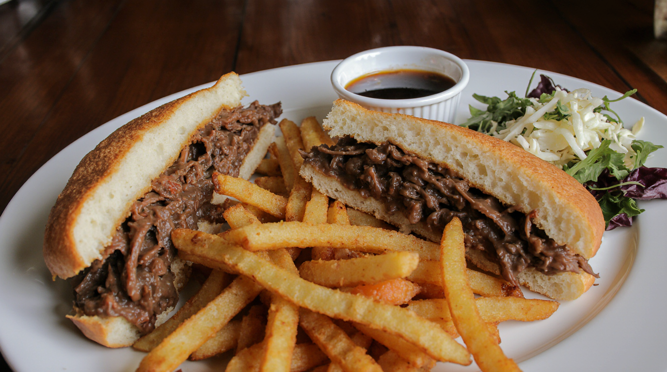 Crockpot French Dip Sandwiches (Easy Au Jus Recipe) 6 Plated meal: Crockpot French Dip Sandwich cut in half next to crispy fries, coleslaw side salad, small au jus bowl, family dinner table setting, steam effects, inviting warm lighting, horizontal food spread
