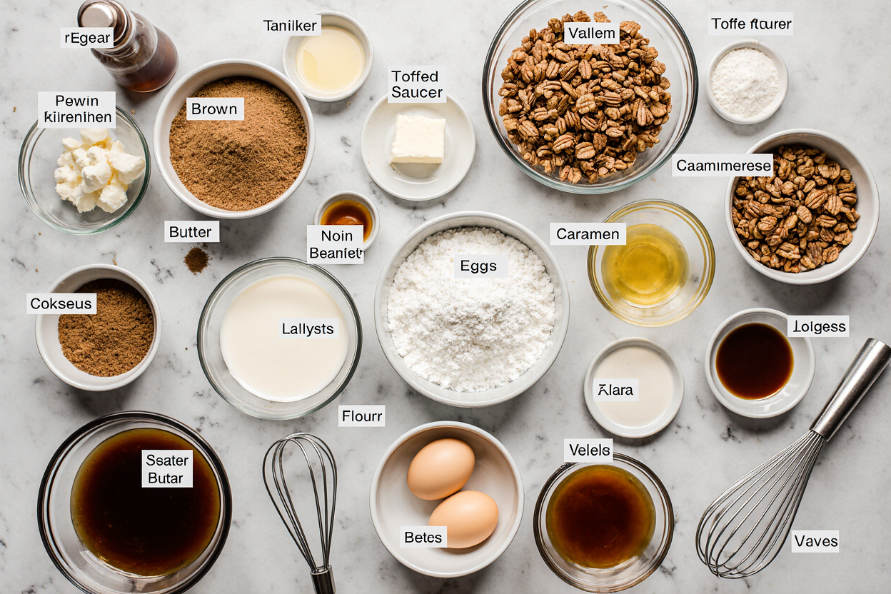 Photorealistic flat lay of Toffee Crunch Cake ingredients arranged beautifully on a marble countertop: bowls of brown sugar, softened butter, eggs, sour cream, cake flour, toffee bits, pecans, cream cheese, and a jar of salted caramel sauce. Include mixing bowls, whisk, and vanilla extract bottle for context. Soft natural light from above, subtle shadows, clean composition with labels on key items like "brown sugar" and "toffee bits," aspect ratio 3:2, professional recipe blog style, fresh and organized.