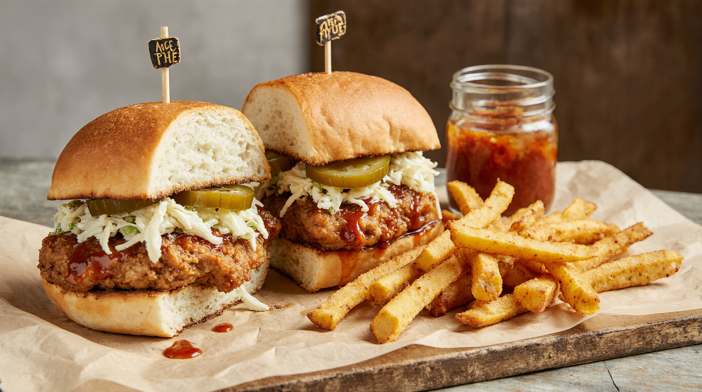 Slow Cooker Hot Honey Chicken Sandwiches 6 Rustic table scene with assembled sandwich cut in half revealing layers: saucy chicken, pickles, coleslaw on bun, side of waffle fries, pickle jar, sauce drizzle, multiple angles implied, vibrant colors, 16:9.