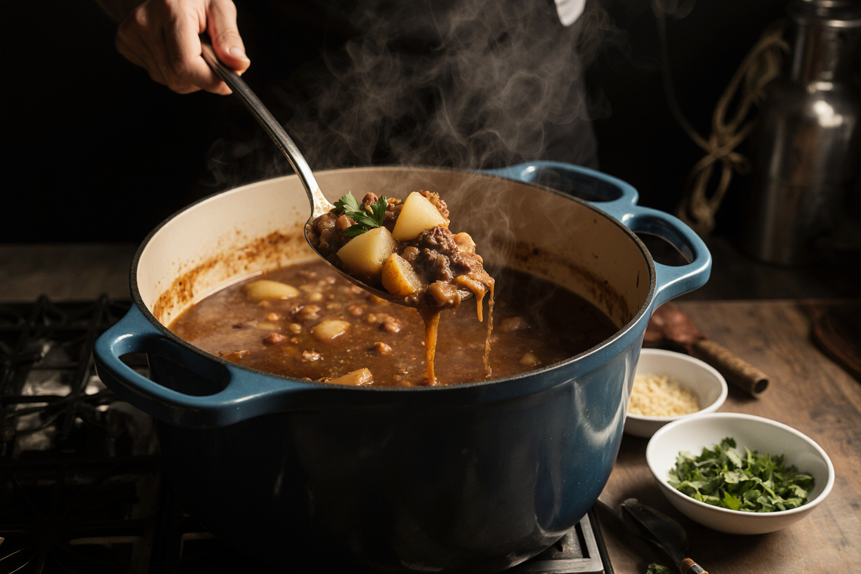 Cowboy Soup Recipe 7 Ladle scooping steaming cowboy soup from Dutch oven into white bowl, showing layered beef potatoes veggies beans in savory broth. Background blurred stove counter, fresh garnish nearby, dynamic serving action photo, mouthwatering shine on broth, 4K high res.