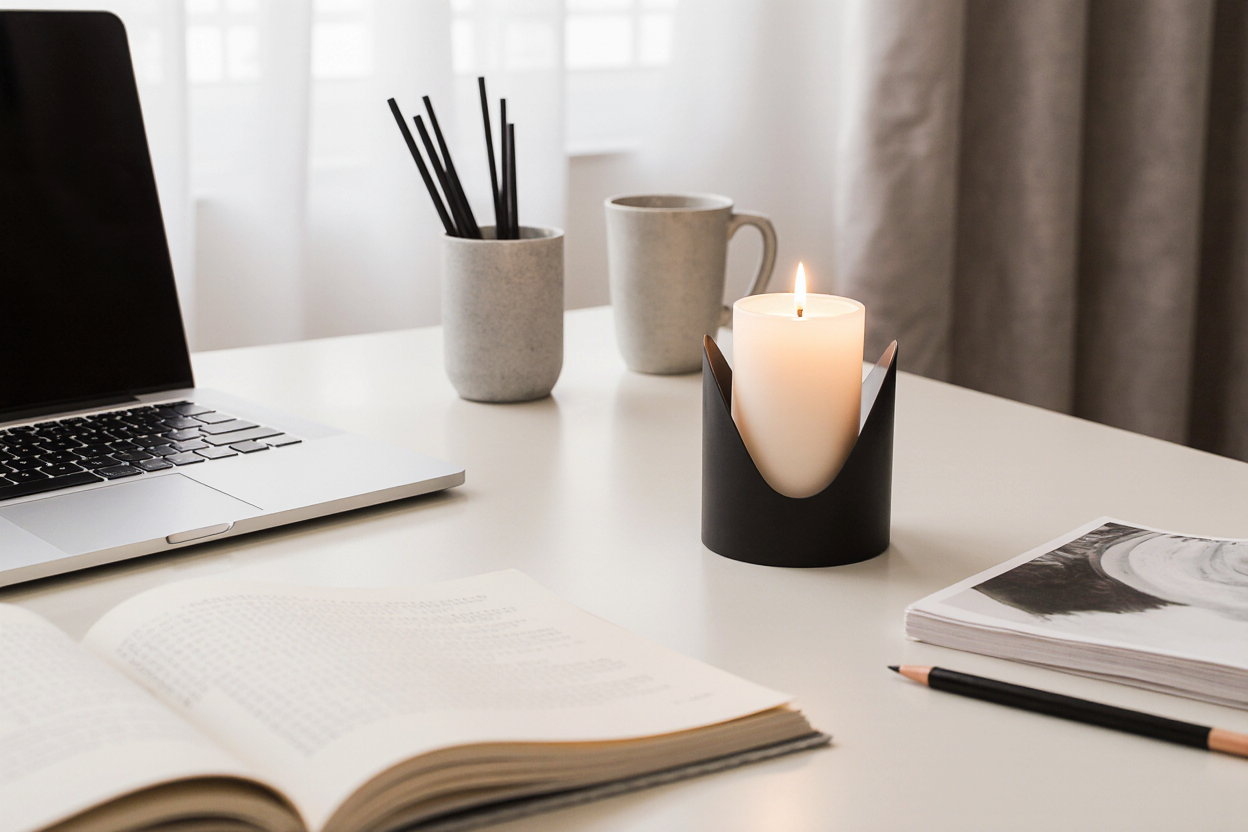 "Uma mesa de escritório moderna e organizada, com uma vela aromática acesa em um suporte elegante. Ambiente com iluminação suave e aconchegante, elementos como cadernos, canetas, um laptop aberto e uma xícara de café ao lado. Tons neutros e detalhes minimalistas, transmitindo calma, foco e inspiração para o trabalho