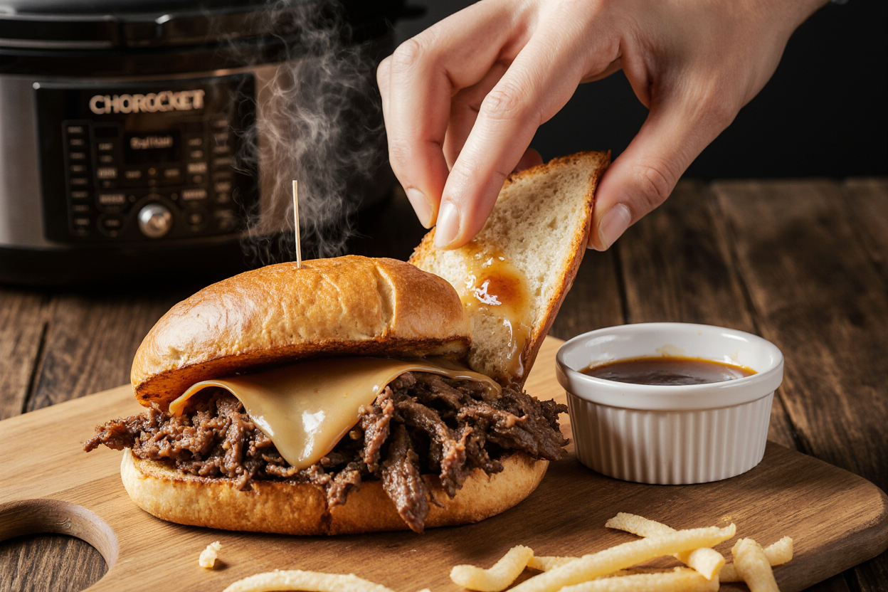 Crockpot French Dip Sandwiches (Slow Cooker Recipe) - Easy, Tender Beef with Au Jus 7 Photorealistic close-up of a Crockpot French Dip Sandwich on a wooden board, golden toasted hoagie roll overflowing with juicy shredded beef and melted provolone cheese, hand dipping into a small white bowl of steaming au jus sauce, savory steam rising, rustic kitchen background with slow cooker blurred, high detail textures on beef and bread, warm lighting like golden hour, appetizing food photography style, 16:9 aspect ratio, 4K resolution.