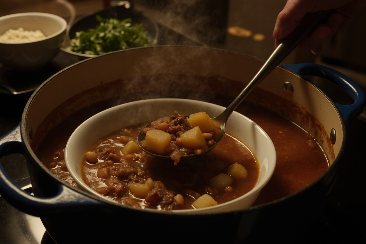  Ladle scooping steaming cowboy soup from Dutch oven into white bowl, showing layered beef potatoes veggies beans in savory broth. Background blurred stove counter, fresh garnish nearby, dynamic serving action photo, mouthwatering shine on broth, 4K high res.