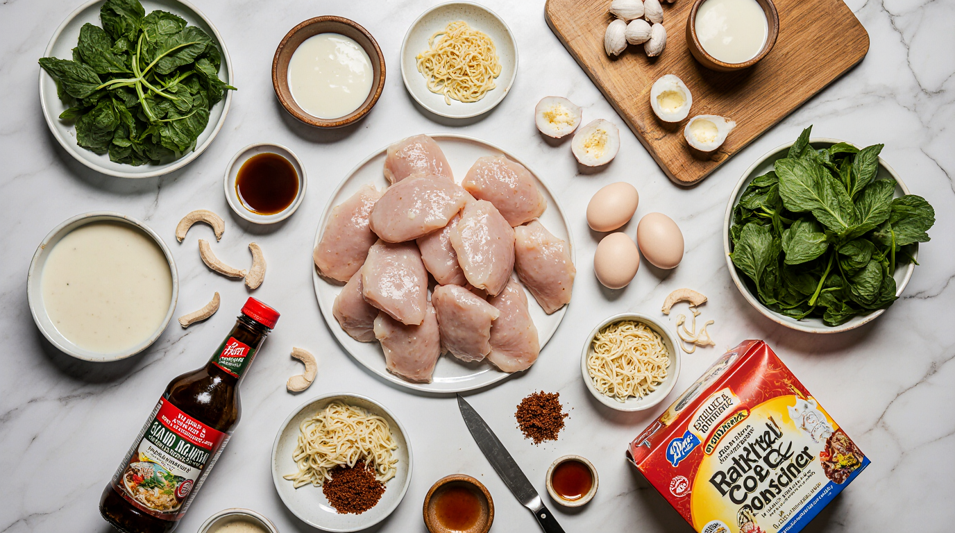 Creamy Garlic Chicken Ramen (Fiery, Comforting & So Easy) 6 Create a stunning 3:2 overhead flat lay food photography of all ingredients for creamy garlic chicken ramen recipe, perfectly arranged on a clean white marble countertop. Center a pile of fresh bite-sized raw chicken thighs glistening slightly. Surround with: whole garlic bulbs and minced garlic in a small bowl, carton of heavy cream pouring slightly, package of dried ramen noodles spilling out, bottle of soy sauce with droplets, small jar of red chili sauce/sriracha, golden honey jar, smoked paprika shaker, fresh green onions in a bunch, chicken broth carton, bundle of fresh spinach leaves, and two soft-boiled eggs halved showing runny yolks. Add wooden cutting board, chef's knife, and measuring spoons scattered naturally. Bright natural overhead light, crisp shadows for depth, vibrant colors, professional recipe styling, high-resolution, appetizing prep composition.