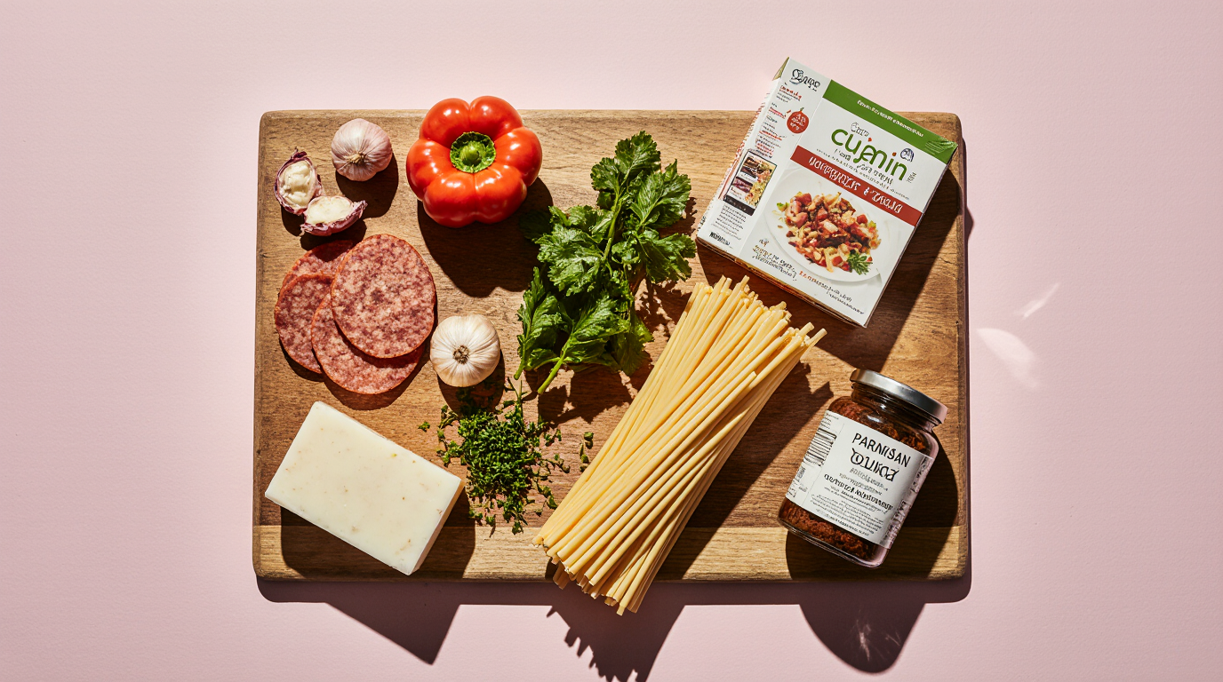 Overhead flat lay of all ingredients arranged artfully on a wooden board: sliced andouille sausage, bell peppers halved, garlic bulbs, heavy cream carton, penne package, Cajun spice jar, Parmesan block, fresh herbs, clean composition with subtle shadows, bright natural light, 3:2 aspect ratio.
