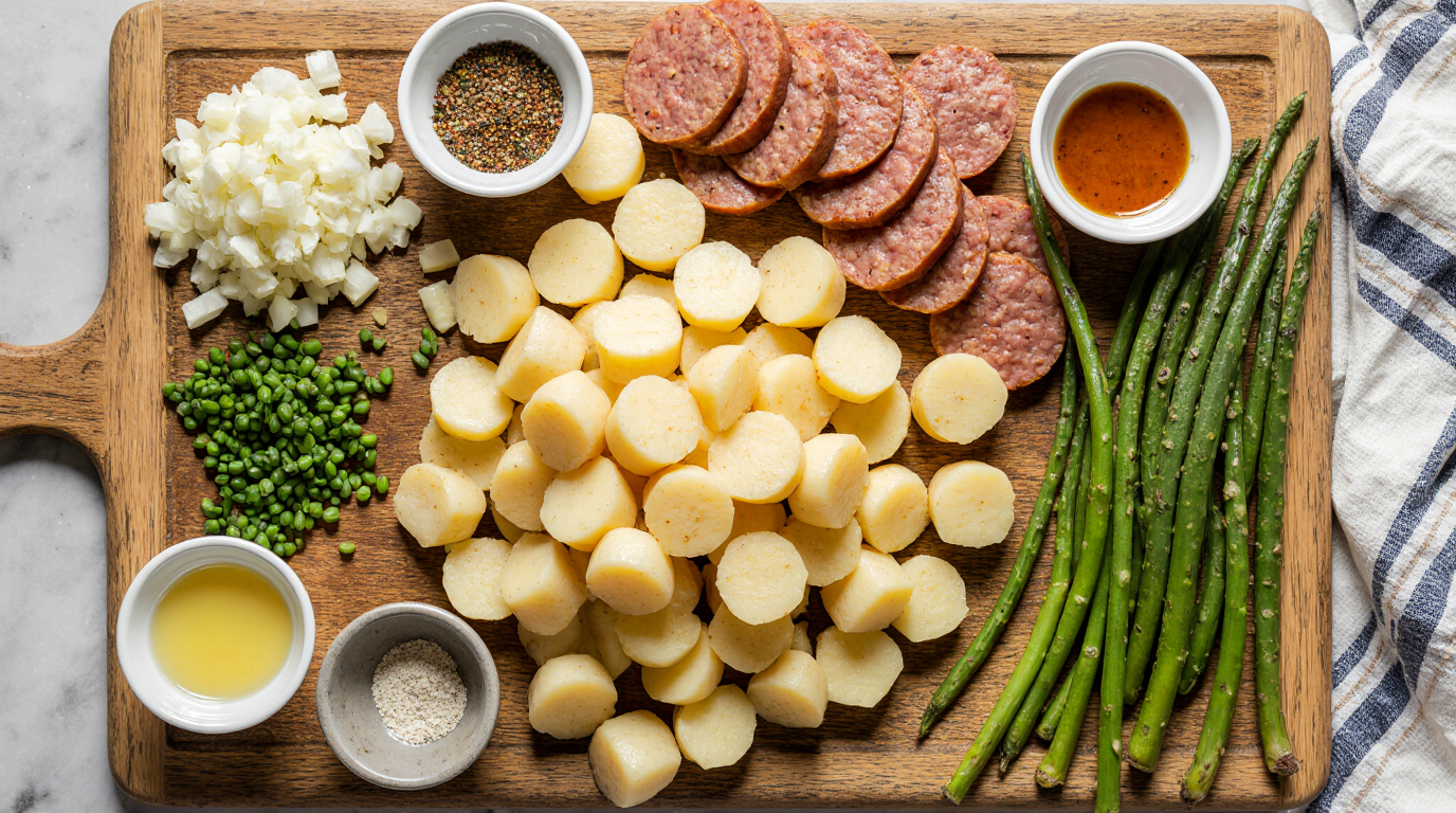 Swamp Potatoes and Sausage Recipe (Easy Slow Cooker, 10 Min Prep!) 7 Photorealistic flat lay of swamp potatoes and sausage recipe ingredients arranged neatly on a wooden cutting board: pile of diced Yukon gold potatoes, sliced smoked sausage links, trimmed green beans bundle, diced yellow onion, pats of melting butter, small bowls of Cajun seasoning and onion soup mix packets, garlic powder shaker, fresh and vibrant, soft natural light, mouthwatering prep scene, 3:2 aspect ratio.