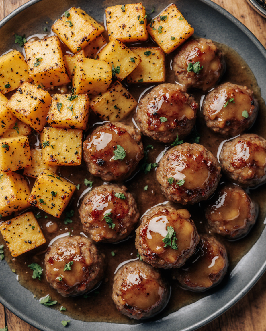 Patty sausages with sweet potatoes in honey-garlic sauce | Closeup zoomed-in amateur photo from reddit, taken with iphone 17 pro in human view side angle, looking taken by amateur, juicy mouthwatering homemade juicy chicken sausages with sweet potatoes drizzled in a rich honey-garlic sauce, beautifully garnished with fresh parsley, showing the vibrant colors and textures of this delicious dish. --iw 3