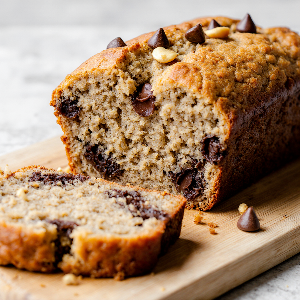 Vertical shot of sliced banana bread loaf on cutting board, exposing moist crumb loaded with chocolate chips and nuts, crisp edges, crumbs scattered, natural light, mouthwatering interior reveal, 9:16 portrait for pins.