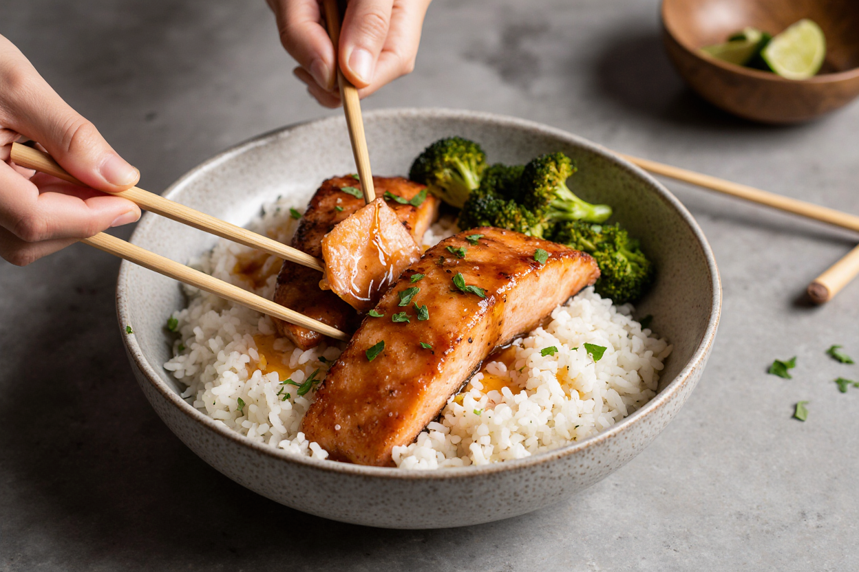 Crispy Honey Garlic Salmon Bites (20-Min Recipe) 6 Beautiful plated serving of crispy honey garlic salmon bites over steamed white rice in shallow bowl, extra glaze drizzled, broccoli side, chopsticks picking one bite, steam effect, restaurant plating matching series warm tones, 1:1 square, photorealistic food porn, 4K.