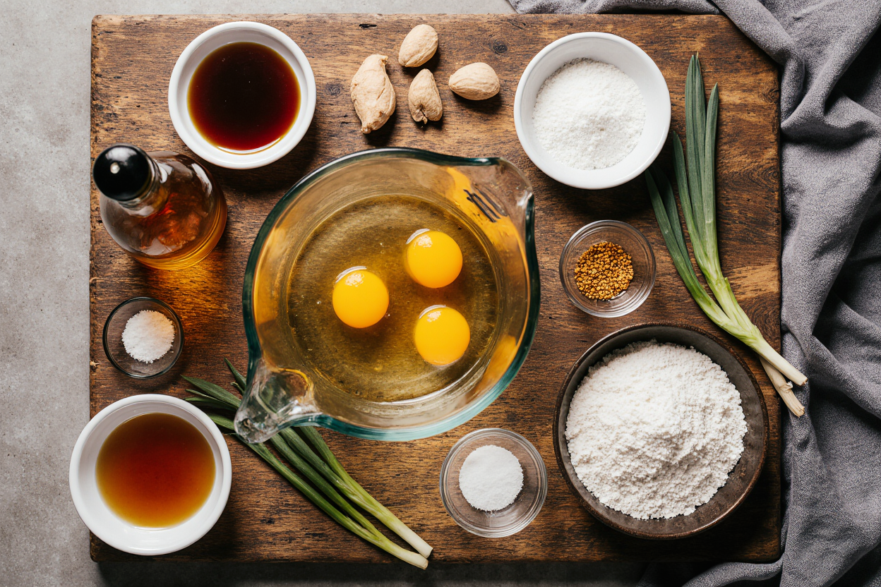 Photorealistic overhead close-up of egg drop soup ingredients arranged neatly on a rustic wooden board: 4 cups clear chicken broth in a glass measuring cup, 3 beaten eggs in a white bowl, cornstarch slurry in a small glass, sesame oil bottle, soy sauce, white pepper shaker, salt cellar, sliced green onions, fresh grated ginger knob, pinch of golden turmeric powder. Soft natural kitchen window light, subtle steam from broth, vibrant colors, appetizing textures, 3:2 aspect ratio, sharp focus, mouthwatering food styling.