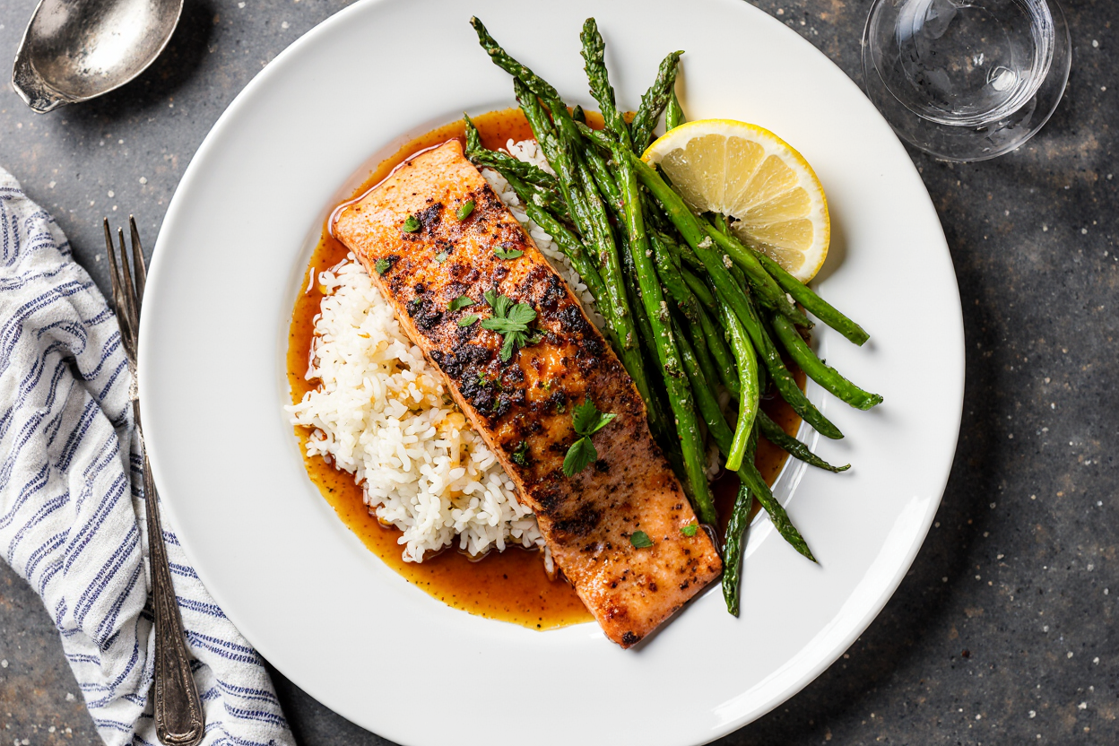Cajun Honey Butter Salmon 7 Plated Cajun honey butter salmon fillet over jasmine rice with skillet green beans, extra sauce drizzled, lemon wedge on side, complete meal composition, top-down food styling, vibrant colors, steam effect, restaurant presentation, 16:9 wide