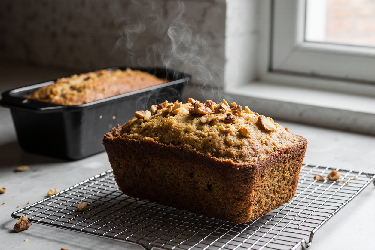Freshly baked moist banana nut bread loaf cooling on wire rack, toothpick clean nearby, pan aside, subtle steam. Perfect dome top with nuts, golden crust, kitchen window light, after-bake satisfaction image, square 1:1, 4K ultra HD