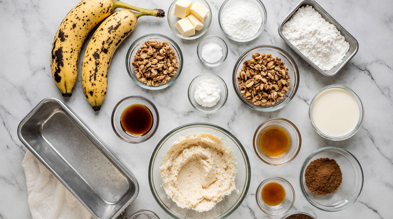 Moist Banana Walnut Cake Recipe (Easy Cream Cheese Frosting) 6 Photorealistic overhead flatlay of all ingredients for moist banana walnut cake artfully arranged on marble counter: cluster of 4 black-spotted overripe bananas, small glass bowl of 1.5 cups mashed banana puree, pile of 1.25 cups chopped toasted walnuts, sticks of softened butter, measuring cups with granulated sugar brown sugar sour cream, eggs in carton, glass jars of flour baking powder soda cinnamon, small bowls of vanilla extract cream cheese powdered sugar, 9x13 baking pan and whisk as accents, soft morning light soft shadows clean food blog styling, aspect ratio 3:2.