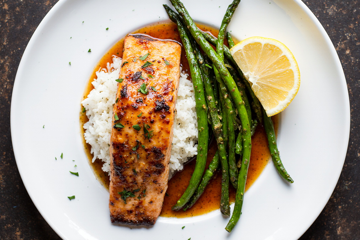 Cajun Honey Butter Salmon Recipe (15-Minute Sweet & Spicy Dinner) 6 Plated Cajun honey butter salmon fillet over jasmine rice with skillet green beans, extra sauce drizzled, lemon wedge on side, complete meal composition, top-down food styling, vibrant colors, steam effect, restaurant presentation,