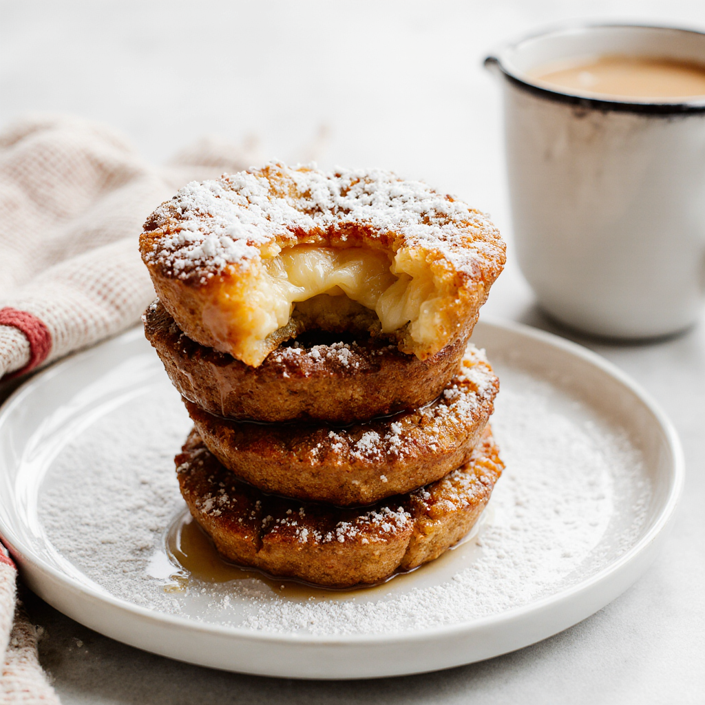 Easy Baked Apple Fritter Bites Recipe (20 Mins, No Fry) 6 Stack of cooled glazed apple fritter bites on white plate, bite taken out revealing soft apple interior, powdered sugar dusting, coffee cup and napkin beside, cozy brunch table setting, soft morning light, appetizing 4K, 4:3.