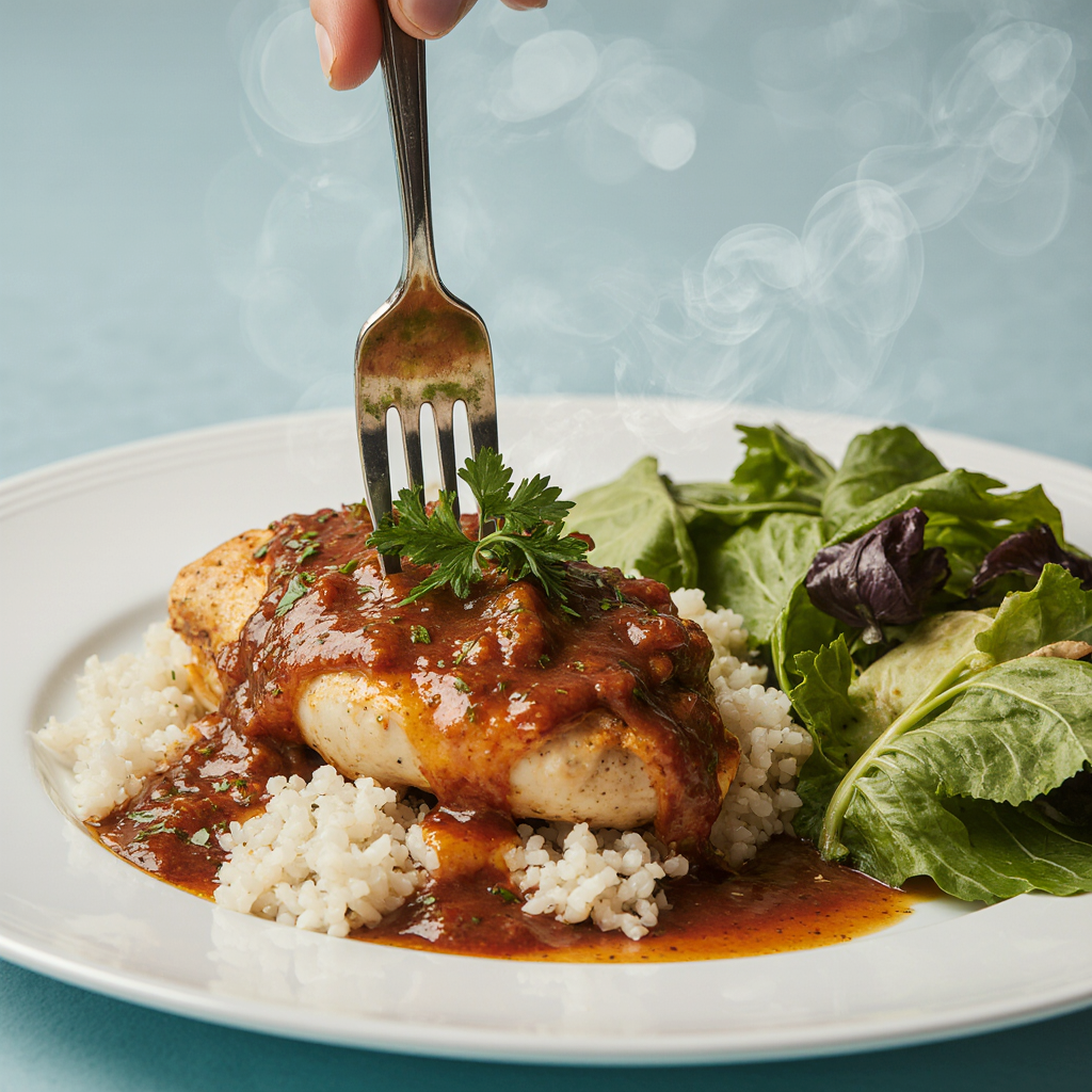 Creamy Smothered Chicken and Rice (One-Pan Recipe, 50 Min) 7 Plated serving of smothered chicken over rice with extra sauce ladled on top, fresh parsley garnish, fork piercing juicy chicken, side salad blurred background, appetizing steam, photorealistic dining shot,
