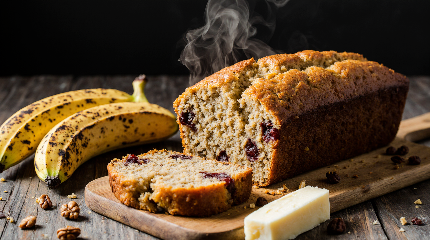 Moist Banana Bread Recipe (Easy, One Bowl) 6 Photorealistic hero shot of a freshly baked moist golden-brown banana bread recipe loaf sliced open on a rustic wooden board, revealing ultra-moist crumb flecked with banana chunks, toasted walnuts, and raisins; steam rising, surrounded by 4 very ripe spotted bananas, butter stick, and scattered nuts; warm morning sunlight from left, soft shadows, high-detail food photography, appetizing close-up, 16:9 aspect ratio.