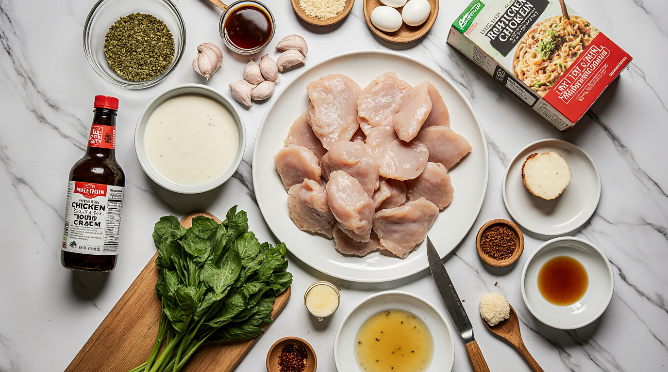 Creamy Garlic Chicken Ramekins Recipe (Easy Baked Individual Servings) 7 Create a stunning 3:2 overhead flat lay food photography of all ingredients for creamy garlic chicken ramen recipe, perfectly arranged on a clean white marble countertop. Center a pile of fresh bite-sized raw chicken thighs glistening slightly. Surround with: whole garlic bulbs and minced garlic in a small bowl, carton of heavy cream pouring slightly, package of dried ramen noodles spilling out, bottle of soy sauce with droplets, small jar of red chili sauce/sriracha, golden honey jar, smoked paprika shaker, fresh green onions in a bunch, chicken broth carton, bundle of fresh spinach leaves, and two soft-boiled eggs halved showing runny yolks. Add wooden cutting board, chef's knife, and measuring spoons scattered naturally. Bright natural overhead light, crisp shadows for depth, vibrant colors, professional recipe styling, high-resolution, appetizing prep composition.