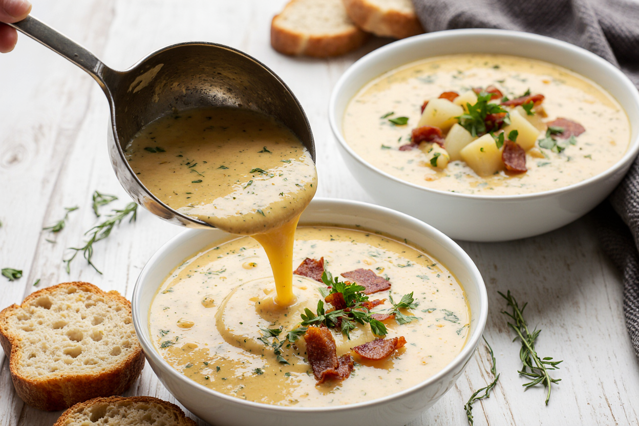 Appetizing final plating shot: ladle pouring finished steaming Cheddar Garlic Herb Potato Soup into two white bowls, garnishing with extra fresh parsley, chives, bacon bits, and thyme sprig. Rustic bread slice nearby, soft focus table setting, golden hour lighting for warmth, inviting blog-ready image, 16:9 aspect ratio.