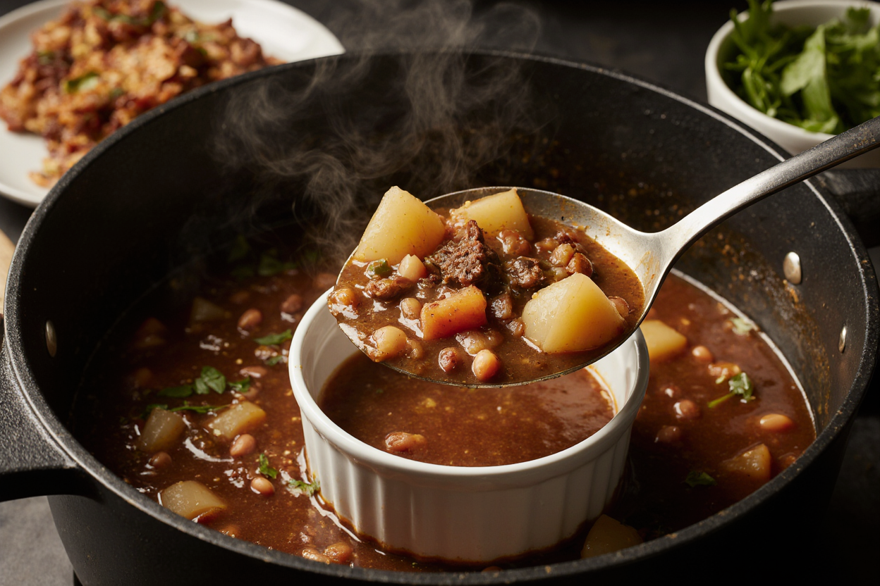  Ladle scooping steaming cowboy soup from Dutch oven into white bowl, showing layered beef potatoes veggies beans in savory broth. Background blurred stove counter, fresh garnish nearby, dynamic serving action photo, mouthwatering shine on broth, 4K high res.